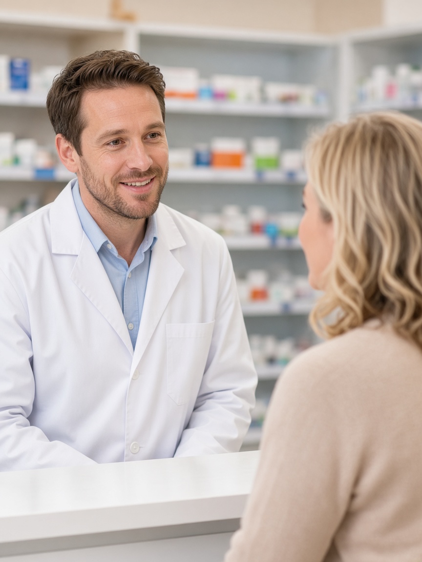 Pharmacist handing a prescription to a patient at Barons Court Pharmacy